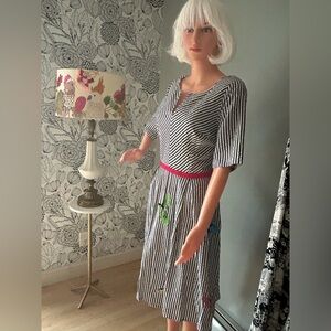 EShakti Striped V-Neck Midi Dress with Red Waist Belt